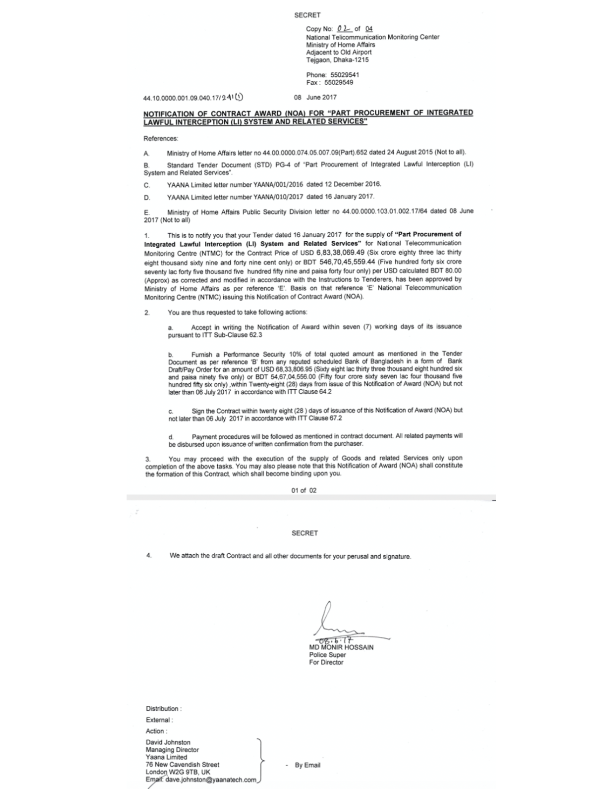 Preview of Agreement showing NTMC onboarding Yaana Technologies to establishing a massive surveillance platform
